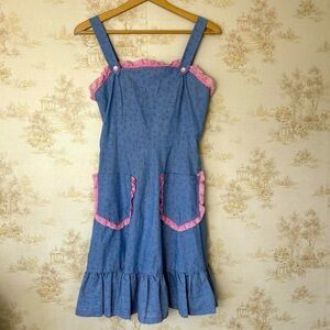 Vintage 70s Handmade Cottagecore Floral Pinafore Apron Dress Blue Pink Ruffle